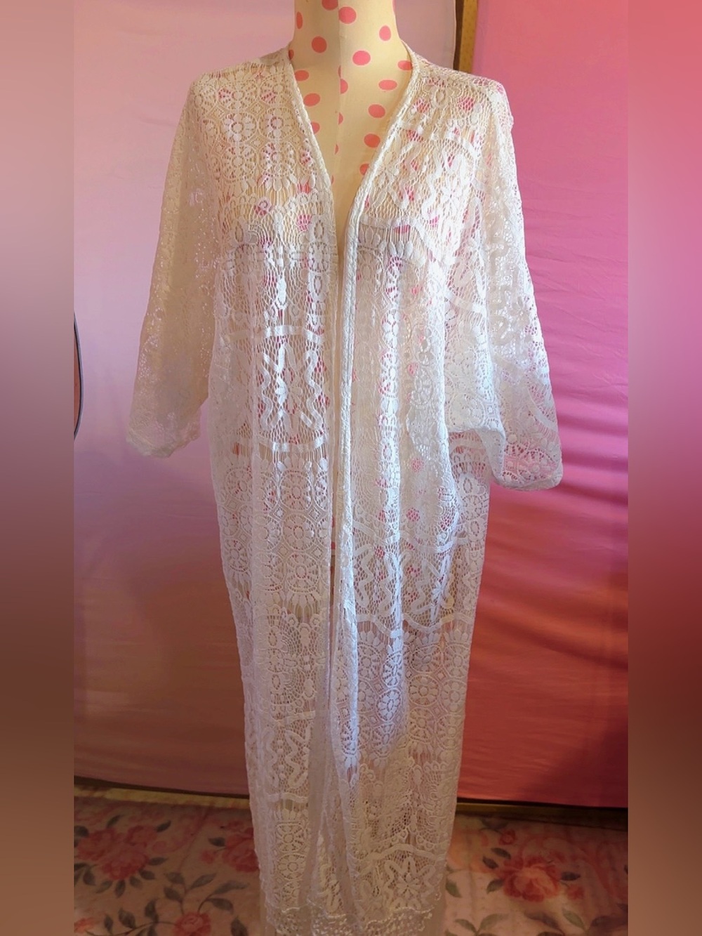 White Crochet Lace Maxi Kimono Duster Boho Beach Cover Up Fringe